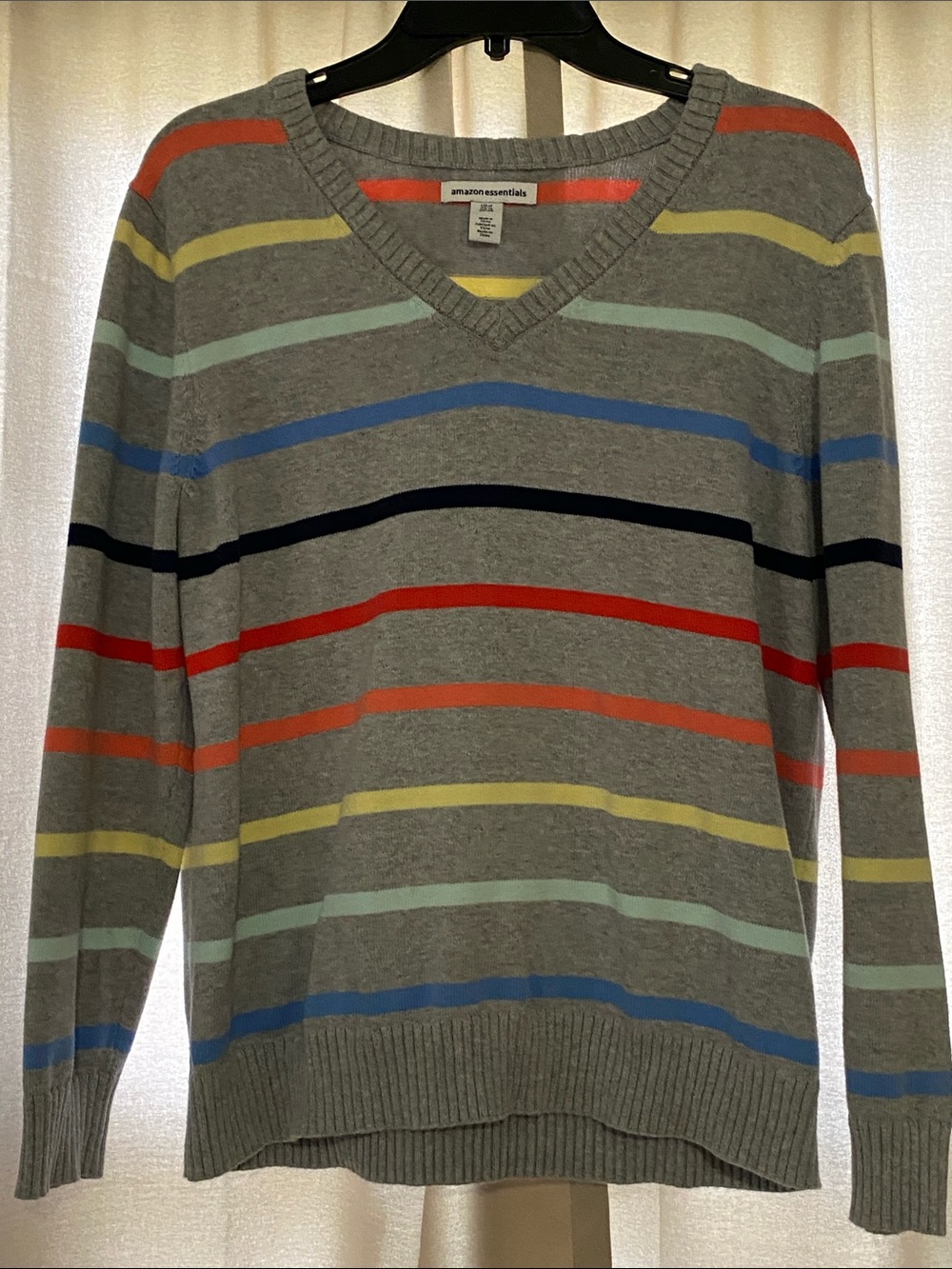 Amazon Essentials Gray V-Neck Sweater with Red, Blue, Yellow and Mint Stripes